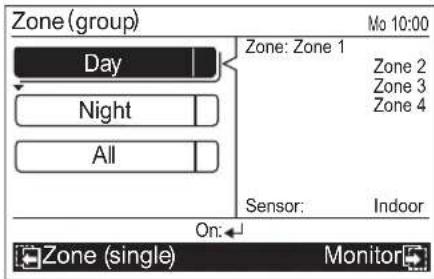 Zone (group) Day Night All Zone: Zone 1 Sensor: Zone 2 Zone 3 Zone 4 Sensor: Indoor On: Zone (single) Monitor