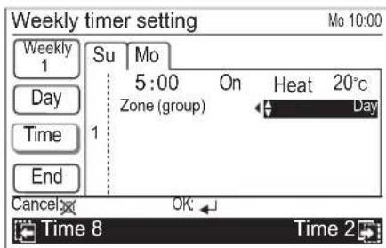 Weekly timer setting Mo 10:00 Weekly 1 Su Mo 5:00 On Heat 20°C Day Zone (group) Time Day 1 End Cancel OK Time 8 Time 2