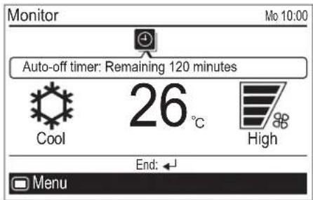 Monitor Auto-off timer: Remaining 120 minutes Cool 26°C High End: Menu