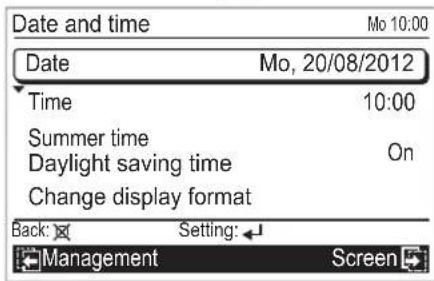 Date and time Mo 10:00 Date Mo, 20/08/2012 Time 10:00 Summer time On Daylight saving time Change display format Back: Setting: +Management Screen