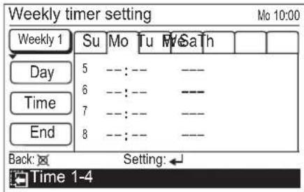 Weekly timer setting Mo 10:00 Weekly 1 Su Mo Tu MoSath Day 5 ---: --- ---- 6 ---: --- ---- Time 7 ---: --- ---- End 8 ---: --- ---- Back: Setting: Time 1-4