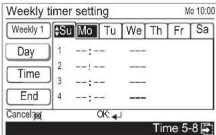 Weekly timer setting Mo 10:00 Weekly 1 Su Mo Tu We Th Fr Sa Day 1 ---: --- ---- 2 ---: --- ---- Time 3 ---: --- ---- End 4 ---: --- ---- Cancel OK← Time 5-8