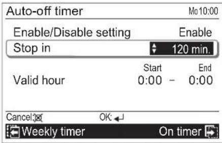 Auto-off timer Enable/Disable setting Stop in 120 min. Start End Valid hour 0:00 - 0:00 Cancel OK Weekly timer On timer