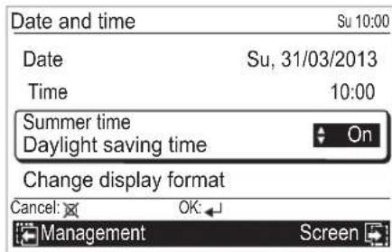 Date and time Su 10:00 Date Su, 31/03/2013 Time 10:00 Summer time Daylight saving time On Change display format Cancel: OK: Management Screen