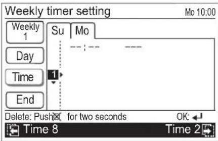 Weekly timer setting Mo 10:00 Weekly 1 Su Mo Day Time 1 End Delete: Push for two seconds OK Time 8 Time 2