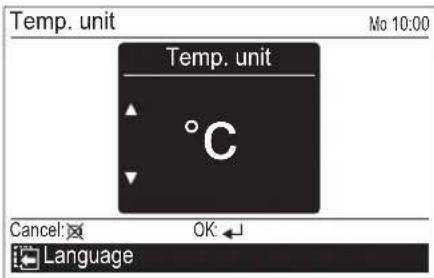 Temp. unit Mo 10:00 Temp. unit °C Cancel: OK ← Language