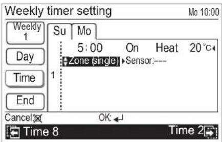 Weekly timer setting Mo 10:00 Weekly 1 Su Mo 5:00 On Heat 20°C Day Zone (single) Sensor:--- Time 1 End Cancel OK Time 8 Time 2