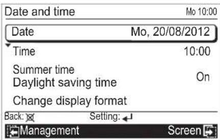 Date and time Mo 10:00 Date Mo, 20/08/2012 Time 10:00 Summer time On Daylight saving time Change display format Back: Setting: Management Screen