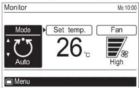 Monitor Mo 10:00 Mode Set temp. 26 °C Fan Auto High Menu