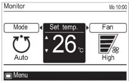 Monitor Mo 10:00 Mode Set temp. 26°C Fan Auto High Menu
