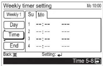 Weekly timer setting Mo 10:00 Weekly 1 Su Mo Day 1 ---:--- --- Time 2 ---:--- --- End 3 ---:--- --- Back: Setting:◀ Time 5-8