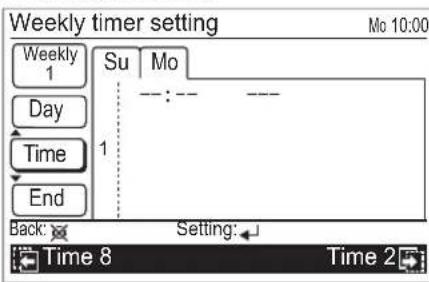 Weekly timer setting Mo 10:00 Weekly 1 Su Mo Day Time 1 End Back: Setting: Time 8 Time 2
