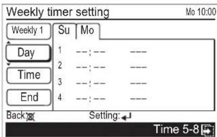 Weekly timer setting Mo 10:00 Weekly 1 Su Mo Day 1 ---;--- --- Time 2 ---;--- --- End 3 ---;--- --- Back Setting:_ Time 5-8