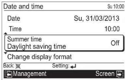 Date and time Su 10:00 Date Su, 31/03/2013 Time 10:00 Summer time Daylight saving time Off Change display format Back: Setting: Management Screen