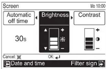 Screen Automatic off time 30s Brightness Contrast OK: Date and time Filter sign