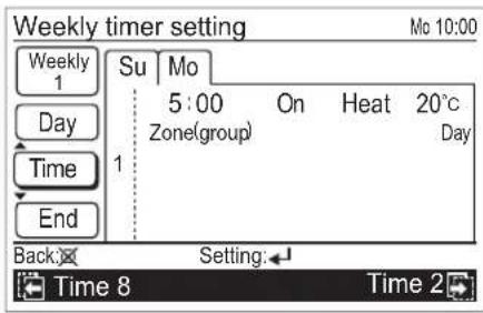 Weekly timer setting Mo 10:00 Weekly 1 Su Mo 5:00 On Heat 20°C Zone(group) Day Time 1 End Back Setting: Time 8 Time 2