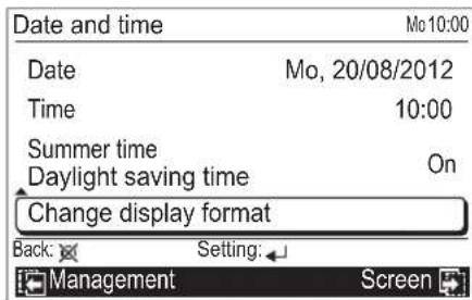 Date and time Mo 10:00 Date Mo, 20/08/2012 Time 10:00 Summer time On Daylight saving time Change display format Back: Setting: Management Screen