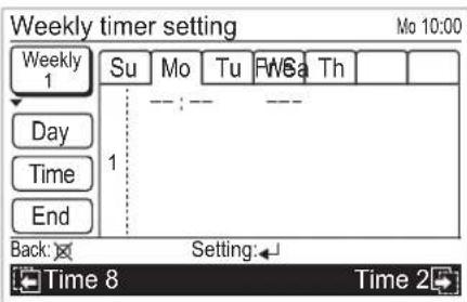 Weekly timer setting Mo 10:00 Weekly 1 Su Mo Tu PWSa Th Day Time End 1 Back: Setting: Time 8 Time 2
