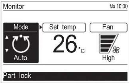 Monitor Mo 10:00 Mode Set temp. 26°C Fan Auto High Part lock
