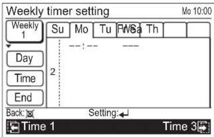 Weekly timer setting Mo 10:00 Weekly 1 Su Mo Tu FWSa Th Day Time End 2 Back: Setting: Time 1 Time 3