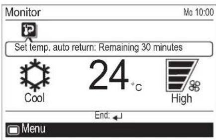 Monitor Mo 10:00 Set temp. auto return: Remaining 30 minutes Cool 24 °C High End: Menu
