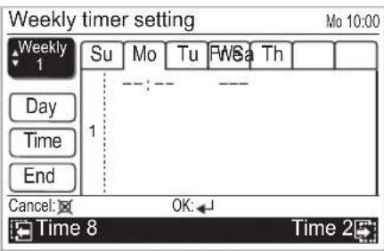 Weekly timer setting Mo 10:00 Weekly 1 Su Mo Tu FWSa Th Day Time End 1 Cancel: OK: Time 8 Time 2