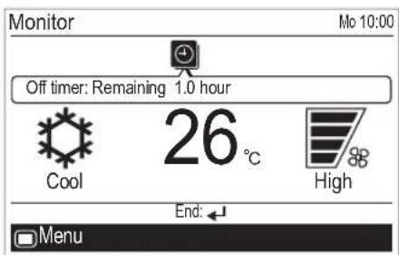 Monitor Off timer: Remaining 1.0 hour Cool 26 °C High End: Menu