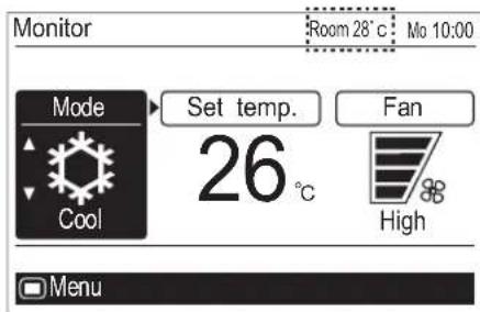 Monitor Room 28°C Mo 10:00 Mode Set temp. Fan Cool 26°C High Menu