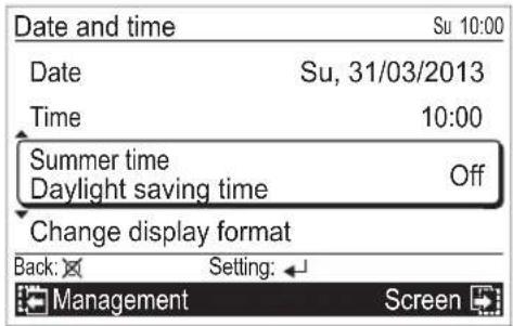 Date and time Su 10:00 Date Su, 31/03/2013 Time 10:00 Summer time Off Daylight saving time Change display format Back: ✗ Setting: ← Management Screen