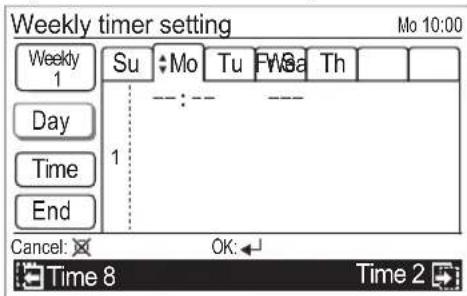 Weekly timer setting Mo 10:00 Weekly 1 Su ♦ Mo Tu FW8a Th Day 1 : -- Time End Cancel: OK: Time 8 Time 2