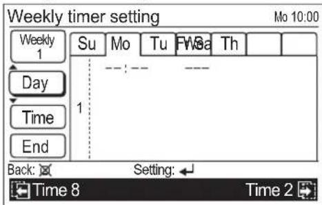 Weekly timer setting Mo 10:00 Weekly 1 Su Mo Tu FWSa Th Day 1 Time End Back: Setting: Time 8 Time 2