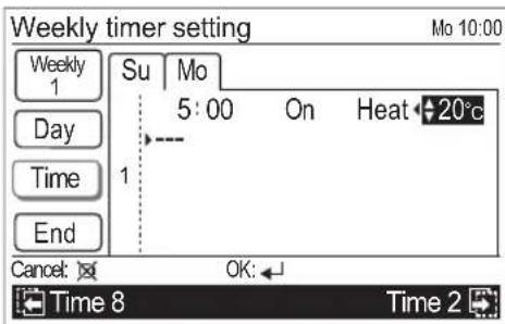 Weekly timer setting Mo 10:00 Su Mo 5:00 On Heat 20°C Day Time 1 End Cancel: OK: Time 8 Time 2