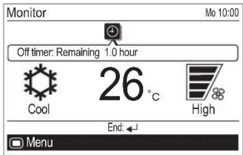 Monitor Mo 10:00 Off timer: Remaining 1.0 hour Cool 26 °C High End: ← Menu
