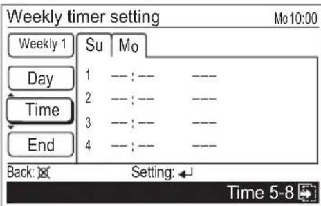 Weekly timer setting Mo10:00 Weekly 1 Su Mo Day 1 -- : -- --- Time 2 -- : -- --- End 3 -- : -- --- Back: Setting: Time 5-8
