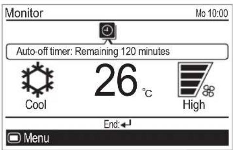 Monitor Mo 10:00 Auto-off timer: Remaining 120 minutes Cool 26 °C High End: Menu
