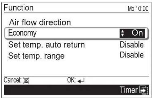 Function Mo 10:00 Air flow direction Economy On Set temp. auto return Disable Set temp. range Disable Cancel: OK: Timer