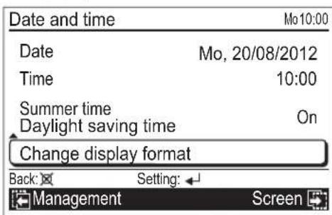 Date and time Mo 10:00 Date Mo, 20/08/2012 Time 10:00 Summer time On Daylight saving time Change display format Back: Setting: Management Screen