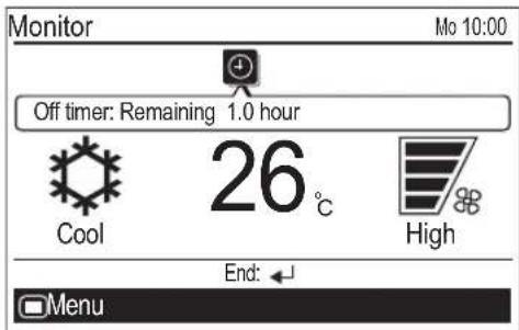 Monitor Mo 10:00 Off timer: Remaining 1.0 hour Cool 26 °C High End: ← Menu