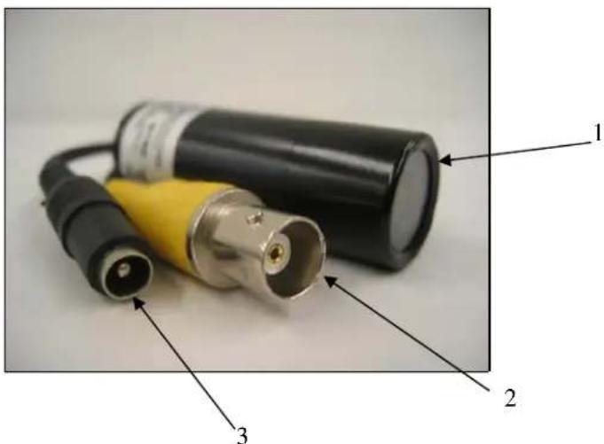 Labeled diagram of a battery with three components: black casing, yellow connector, and metallic connector, marked with numbers 1, 2, and 3.