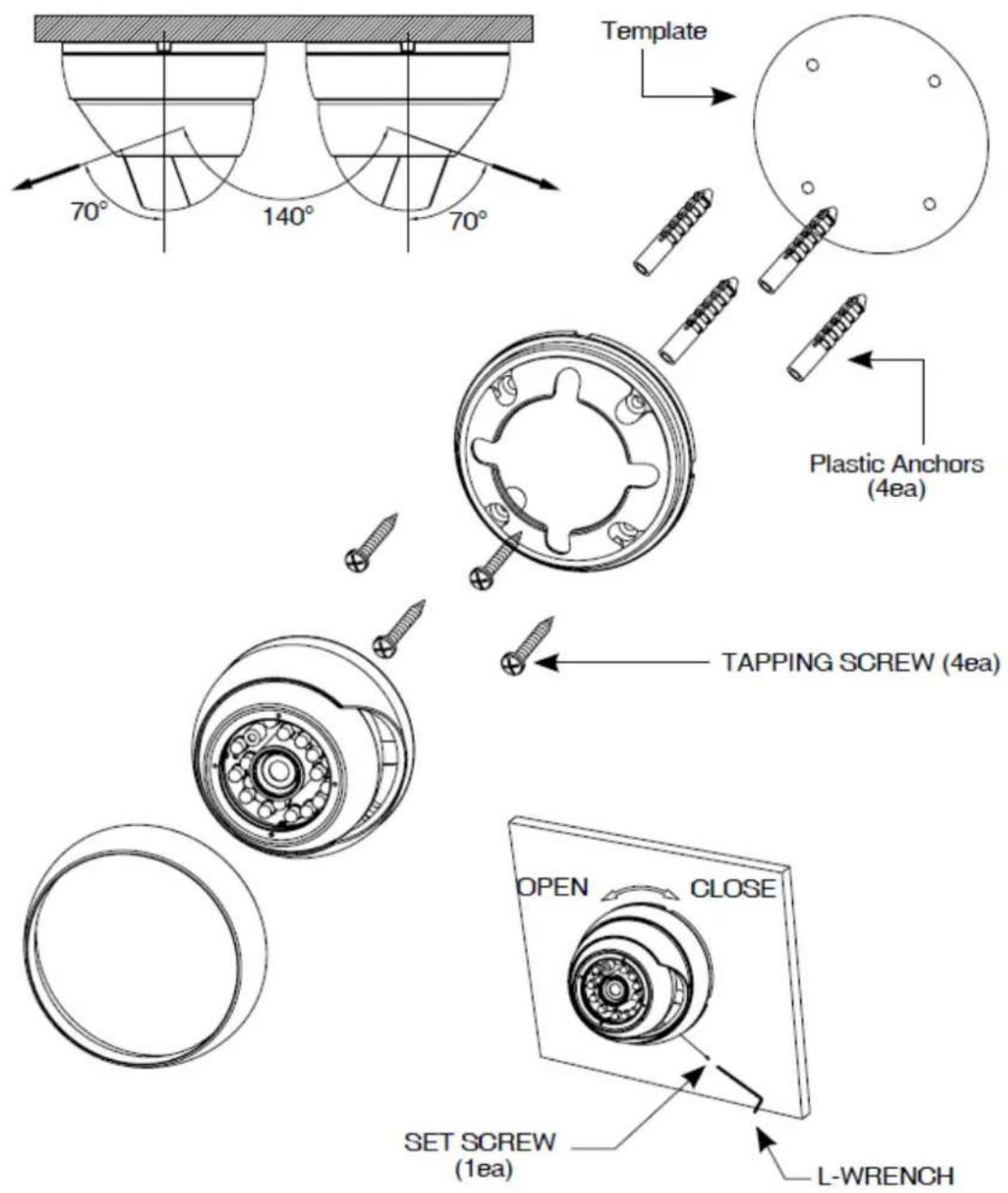 Template 70° 140° 70° Plastic Anchors (4ea) TAPPING SCREW (4ea) OPEN CLOSE SET SCREW (1ea) L-WRENCH