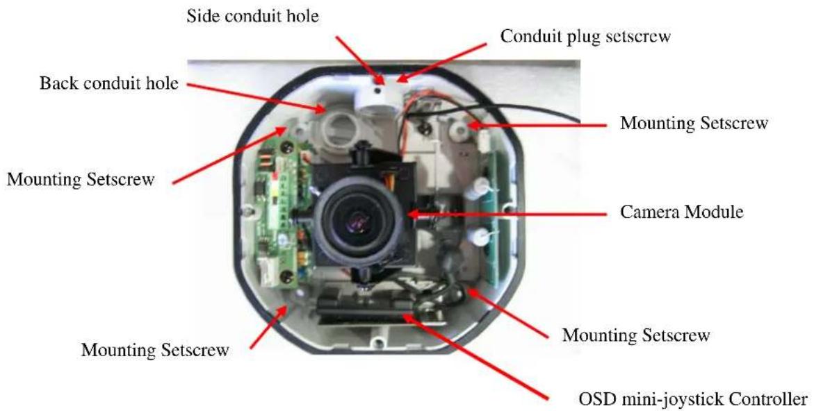 Side conduit hole Back conduit hole Mounting Setscrew Mounting Setscrew Conduit plug setscrew Mounting Setscrew Camera Module Mounting Setscrew OSD mini-joystick Controller