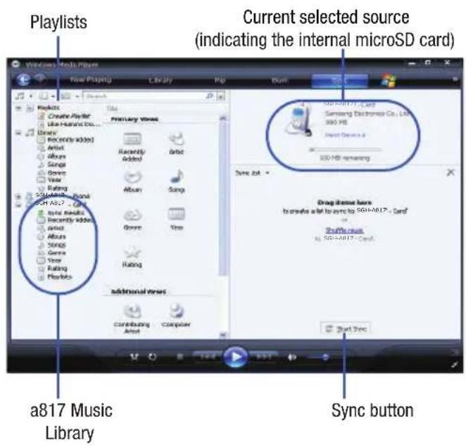 Playlists Current selected source (indicating the internal microSD card) a817 Music Library Sync button Start Sync
