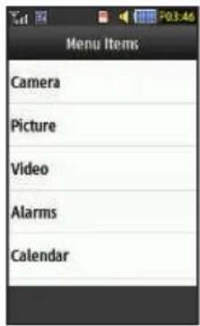 Menu Items Camera Picture Video Alarms Calendar