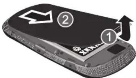 Diagram of a mobile phone showing two labeled arrows (1 and 2) pointing to the screen, with directional arrows indicating movement.
