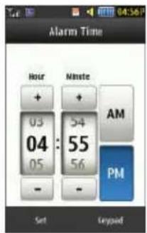 Alarm Time Hour + 03 04 05 - + - Minute + 54 55 56 AM PM Set Crypad