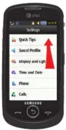 Settings Quick Tips Sound Profile Display and Light Time and Date Phone Calls SAMSUNG