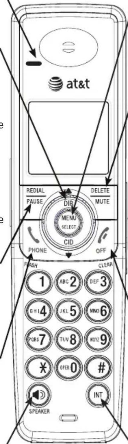 at&t REDIAL PAUSE DELETE MUTE DIR MENU SELECT CID PHONE OFF FLASH 1 ABC 2 DEF 3 G H I 4 J K L 5 M N O 6 N P Q R S 7 T U V 8 N Y Z 9 * OPER 0 # SPEAKER INT