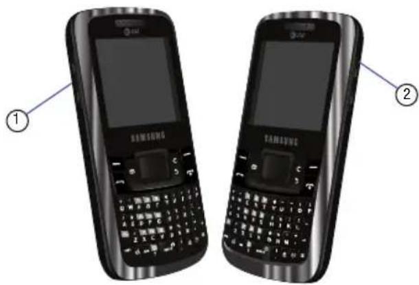 Image showing two identical 3D models of a mobile phone with labeled buttons and keyboard keys, marked as parts ① and ②.