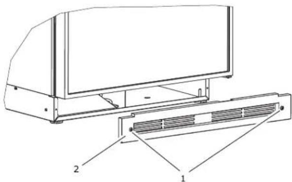 Technical diagram of a computer monitor with labeled parts 1 and 2