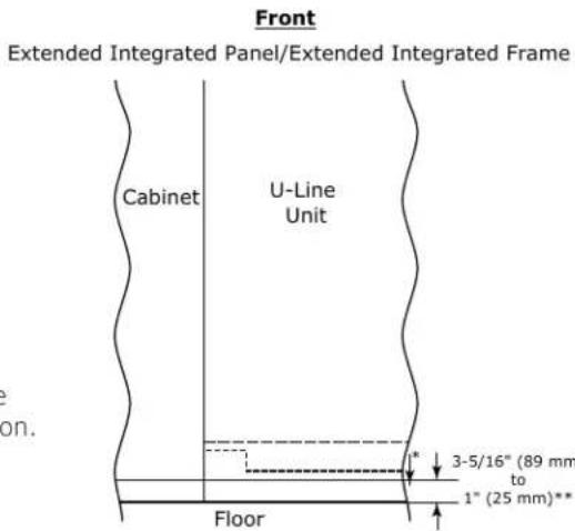 Front Extended Integrated Panel/Extended Integrated Frame Cabinet U-Line Unit Floor 3-5/16" (89 mm to 1" (25 mm)** *
